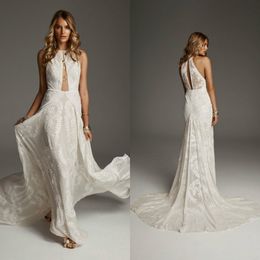 2019 Bohemian Wedding Dresses Jewel Neck Lace Embroidery Sweep Train Mermaid Wedding Dress Sleeveless Hollow Back Beach Bridal Gowns Custom