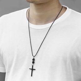 32" Men's Cross Necklace Leather Necklace Lava Bead Black / Silver Color Cross Pendant Necklace Male Jewelry Gifts for Men DNM03