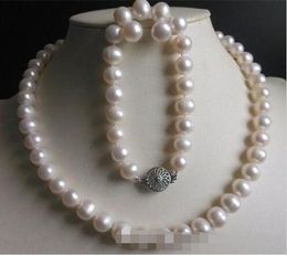 Hand knotted beautiful 9-10mm white fresh water cultured pearl necklace 45cm bracelet 20cm earrings set fashion Jewellery