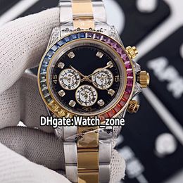 New 116598 RBOW Black Dial Gold Subdial Automatic Mens Watch Two Tone Gold Steel Bracelet Rainbow Diamond Bezel Sport Watches Watch_Zone