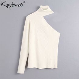 Vintage Sexy Asymmetic High Collar Knitted Sweater Women 2019 Fashion One Shoulder Long Sleeve Stretchy Slim Pullovers Chic Tops