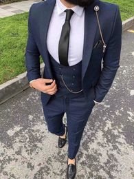 High Quality One Button Navy Blue Groom Tuxedos Peak Lapel Men Suits Wedding/Prom/Dinner Best Man Blazer (Jacket+Pants+Vest+Tie) W423