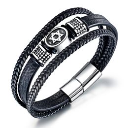 Star of David Multiple Braided Leather Bracelet with Stainless Steel Clasp