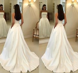 2020 A Line White Wedding Dresses Strapless Satin Bridal Gowns Backless Boho Wedding Dress Cheap With Bowtie