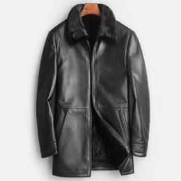 Long Leather Trench Coat Men Shearling Coats Winter Leather Jackets Natural Mink Fur Jackets Thickening Warm High Quality