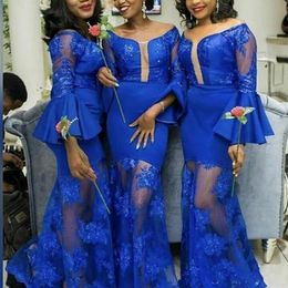 girls blue bridesmaid dress UK - 2020 Charming Royal Blue Bridesmaid Dresses South African Girls Long Sleeve Off Shoulder Appliques Ruffles Long Wedding Guest Wear Plus Size