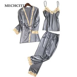 MECHCITIZ 2019 Three Piece Female Sexy Silk Pajamas Set Robe Sling Pajamas Long Sleeve Pants Women Nightgown 6 Color Sleepwear Y19042803