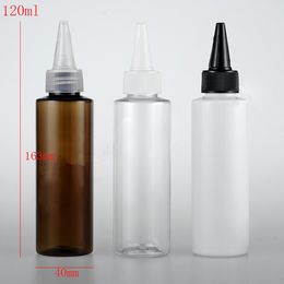 (30pcs)120ml empty clear/white/brown plastic bottle for cosmetics packaging, round PET bottle with pointed mouth top Jam Bottle;