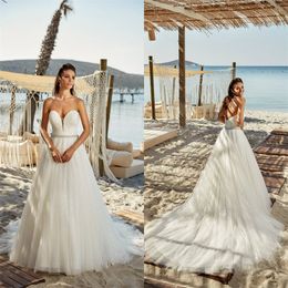 Eddy K A-line Wedding Dresses Sexy Strapless Sleeveless Backless Bridal Dress Sequins Tulle Sash Sweep Train Beach Bridal Gown Cheap