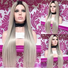 Long 30inches Straight Brazilian Full Lace Front Wig Ombre Grey Color Heat Resistant Hair Synthetic Wig for Women Preplucked