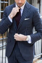Navy Blue Strips Men Wedding Tuxedos Notch Lapel Handsome Groom Tuxedos Fashion Men Business Dinner/Darty Blazer Suit(Jacket+Pants+Tie) 611