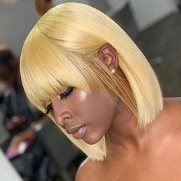 Indian Straight Human Hair Lace Front Wigs with Bangs 613 Blonde Short Bob Wig for Women