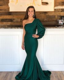 Hunter Mermaid Evening Dresses One Shoulder Long Sleeve Sweep Train 2021 Formal Prom Party Gowns for Special Occasions