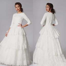 Modern A Line Grace Philips Dresses Jewel Neck Long Sleeve Tulle Lace Applique Tiers Wedding Gown Sweep Train robe de mariée