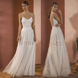 Abiti Bohemian Perline Sexy Spaghetti Neck Appliqued Boho Backless Abiti da sposa A Line Tulle Abito da sposa Robe De Marie