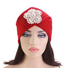 Muslim Winter Warm Wool Knit Hat Print Pearl Rose Flower Cap Beanies Chemo Turban Headwear Cancer Patients Hair Accessories