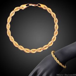 18K Gold Plated Twist Rope Chain Bracelets 3MM 4MM Hip Hop Link Bangle for Men Women Vintage Punk Statement Bracelet Jewelry Christmas Gift