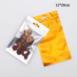 100pcs 12*20cm gold candy package aluminium foil bags clear window on front phone case packaging bag with hanger hole at top pouches