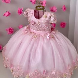 Pink Lace Ball Gown Backless Flower Girl Dresses For Wedding 3D Appliqued Beaded Toddler Pageant Gowns Ankle Length Tulle Kids Prom Dress 407