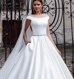 Elegant Satin Wedding Dresses Beaded Sash Bridal Gowns Plus Size Off The Shoulder Sweep Train A-Line Wedding Dress Robe De Mariée