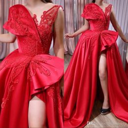 African Red Sexy Evening Dresses Beaded Sheer V Neck High Side Split Prom Dress Floor Length Satin Formal Party Gowns Pageant Dress