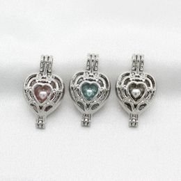 10pcs Love Heart Pearl Cage Lockets Diffuser Cage Pendant Silver Plated Necklace Jewelry Charms for Perfume Essential Oil