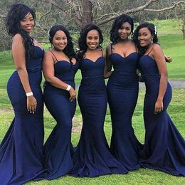 simple south african mermaid bridesmaid dresses Sexy Spaghetti Straps Navy Blue Country Summer Nigeria Cheap wedding guest dress Satin party