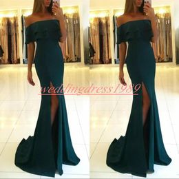 Elegant Sheath Chiffon Prom Dresses High Split Cheap Hunter Green African Pageant Robe De Soiree Evening Gowns Celebrity Special Occasion