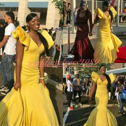 Charming V-Neck Yellow Mermaid Prom Dresses Ruffle Juniors Plus Size Party Formal Occasion Robe De Soiree African Evening Gowns Cocktail