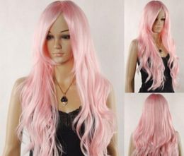 WIG free shipping Cosplay Hot Sell Women Long Pink Wavy Kanekalon Hair Full Heat Resistant New Wig