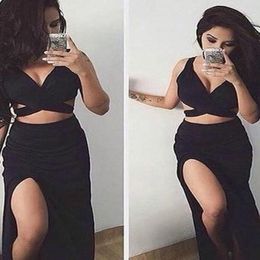 Sexy Black two piece Prom Dresses crop top outfits Sheath Tank Straps Petite Long Evening Gowns 2018 thigh high slit special occasion Dress