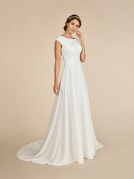 New Arrival Simple A-line Modest Wedding Dresses Cap Sleeves High Neck Buttons Lace Appliques Crepe Informal LDS Bridal Gowns Custom Made