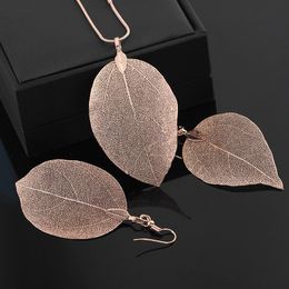 Luxury Design Womens Fashion Long Chain Real Leaf Sweater Pendant Necklaces Gold Plated Earring Necklace Set