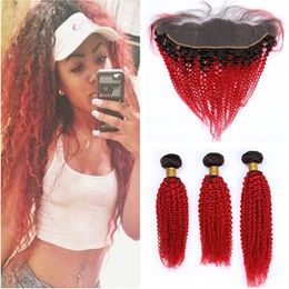 #1B Red Ombre Kinky Curly Human Hair 3 Bundles with Lace Frontal Black and Bright Red Ombre Brazilian Virgin Hair Weaves with Frontal