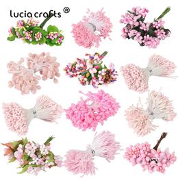 8/10/12/70/90/144/288pcs Pink Hybrid Flower Cherry Stamen Berries Bundle DIY Cake Christmas Wedding Gift Box Wreaths Decor D0603