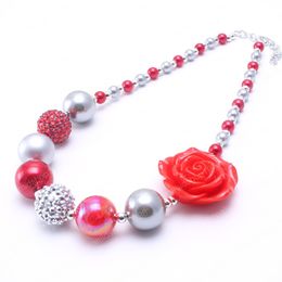 Big Flower Beads Kid Chunky Necklace Silve+Red Color Toddlers Girls Bubblegum Bead Chunky Necklace Children Jewelry