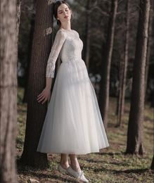 Vintage A-line Tea Length Lace Tulle Short Wedding Dresses With 3/4 Sleeves Pearls Back A-line Informal Outdoor Country Bridal Gowns Short