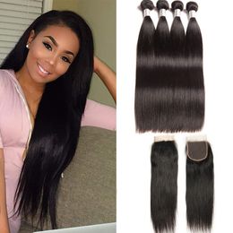 Brazilian Virgin Hair 4 Bundles With 4X4 Lace Closure Baby Hair Straight Natural Color Human Hair Extensions 8-28inch Silky Straight