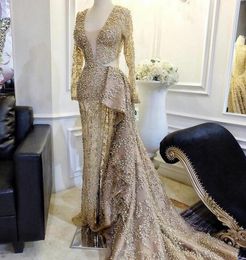 Evening dress Yousef aljasmi Kim kardashian Gold Pearls Mermaid Split Long sleeve V-neck Crystals Zuhair murad Ziadnakad 0011