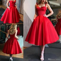New Sexy Spaghetti Straps Sweetheart Satin Red Homecoming Dresses Tea Length Special Occasion Dresses Ankle-Length Pocket Fish Bone Design