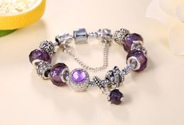 Wholesale-Purple Crystal Princess Heart Charm Silver-plated Bracelet DIY Bead Crystal Bracelet