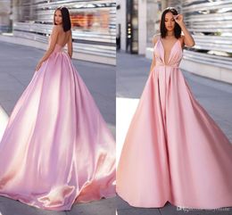 Sexy Open Back Pink Evening Dresses New Simple Designed A Line Spaghetti Strap Long Satin Prom Gowns Celebrity Pageant Wears Robe de soriee