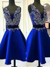 Luxury Royal Blue Plunging V-neck Homecoming Dresses Short Beading Crystal Sequins Prom Pageant Dress For Girls Graduation Evening Gowns