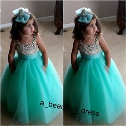 Cute Turquoise Green Flowe Girls Dresses Spaghetti Straps Crystal Beaded Tulle Ball Gown Toddler Infaint Pageant Dresses For Girls FG1260