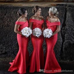 Cheap Red Mermaid Long Bridesmaid Dresses African Nigerian Off Shoulder Long Wedding Guest Dress Maid Of Honour Dresses robes de demoiselle