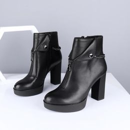 Cool Chain Boots High Quality Sheepskin Comfortable Square Heel Special Design Handmade Shoes New Women's Boots