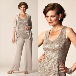 Mother of the Bride Pant Suits Long Sleeves Chiffon Jacket Lace Top Three Pieces Groom Mother Dresses for Wedding Party