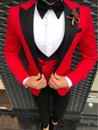 Fashion Red Groom Tuxedos Black Peak Lapel Slim Fit Groomsman Wedding Tuxedos Men Prom Jacket Blazer 3 Piece Suit(Jacket+Pants+Tie+Vest) 18