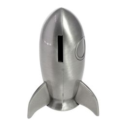 Cute Space Rocket Piggy Bank Vintage Missile Style Money Box Saving Coin Pot in Metal Satin Finish Novelty Birthday Gift For Kids