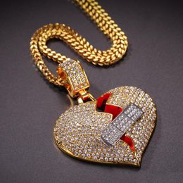 New Charm Broken Heart Bandage Pendant Necklace Iced Out Chain Choker Full Rhinestone Necklaces Women Men Hip Hop Jewelry Gift